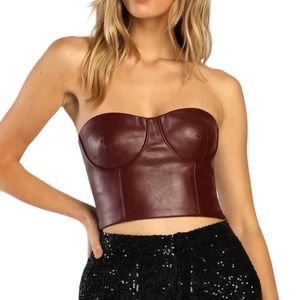 Lulus Faux Leather Bustier Strapless Crop Top Wine Color Size Small